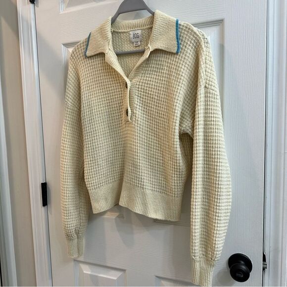 BDG Urban Outfitters women's cream blue waffle knit button up sweater sz small - Picture 2 of 9